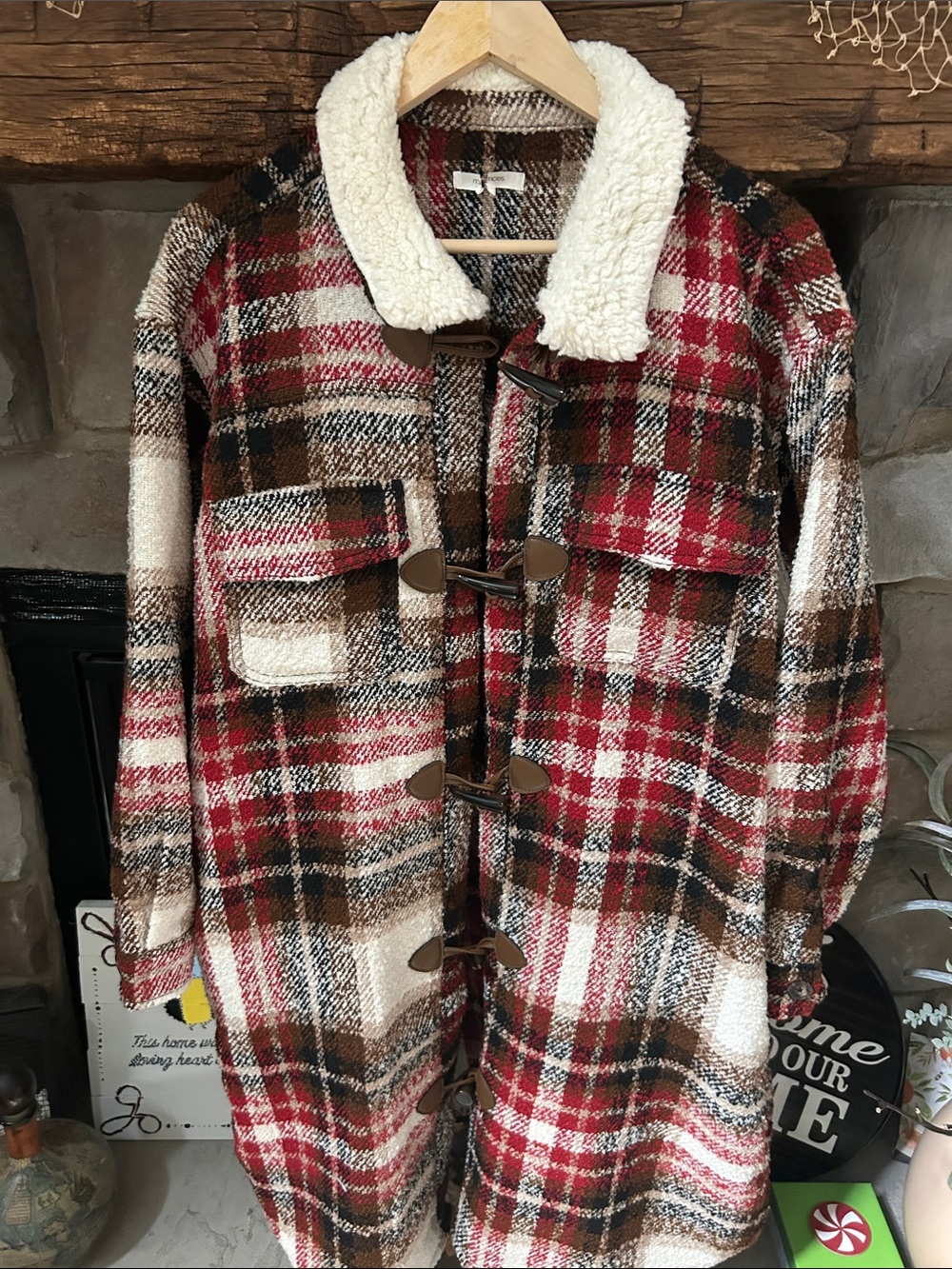 MAURICES  Red, Brown & Cream Plaid  Toggle Coat with Sherpa collar.